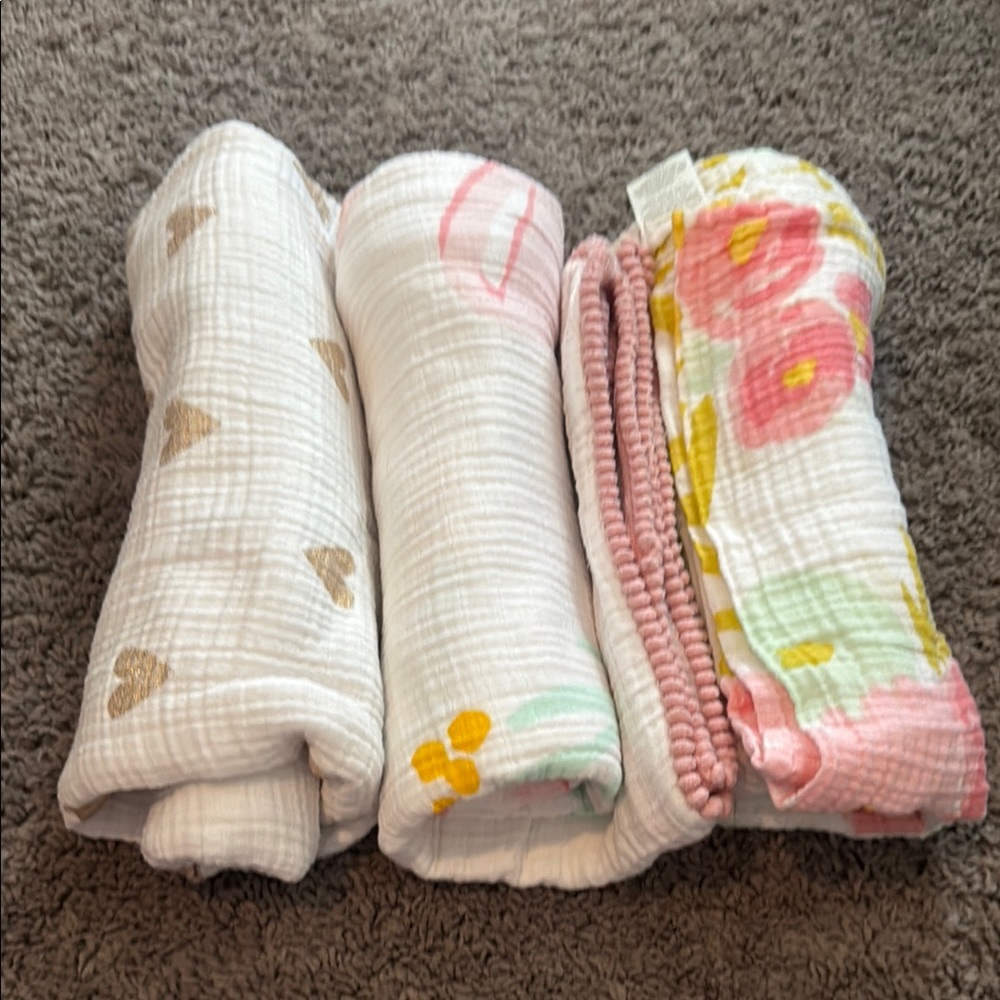 Cloud Island Baby Swaddle Blankets - White, Pink, Gold